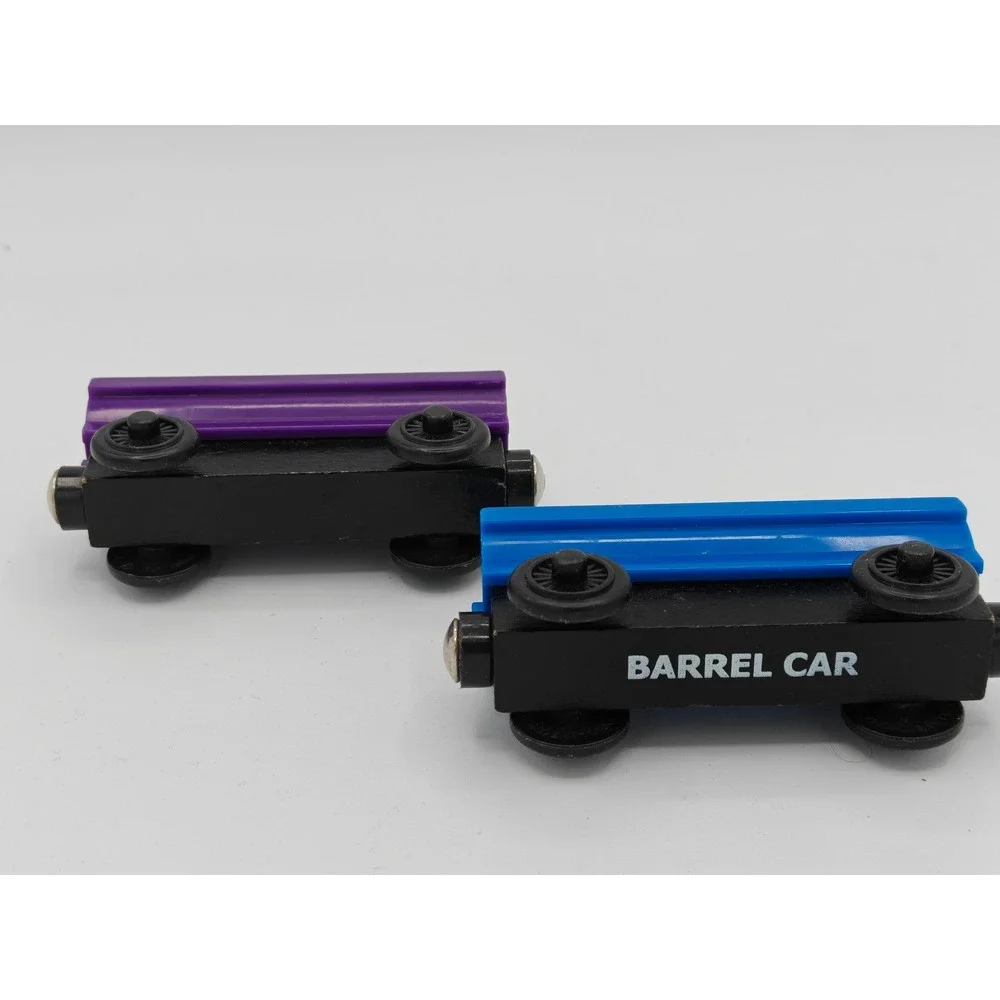 Thomas Friends‎ Wooden Railway Barrel Car Blue Purple Magnetic Freight Train 2pc